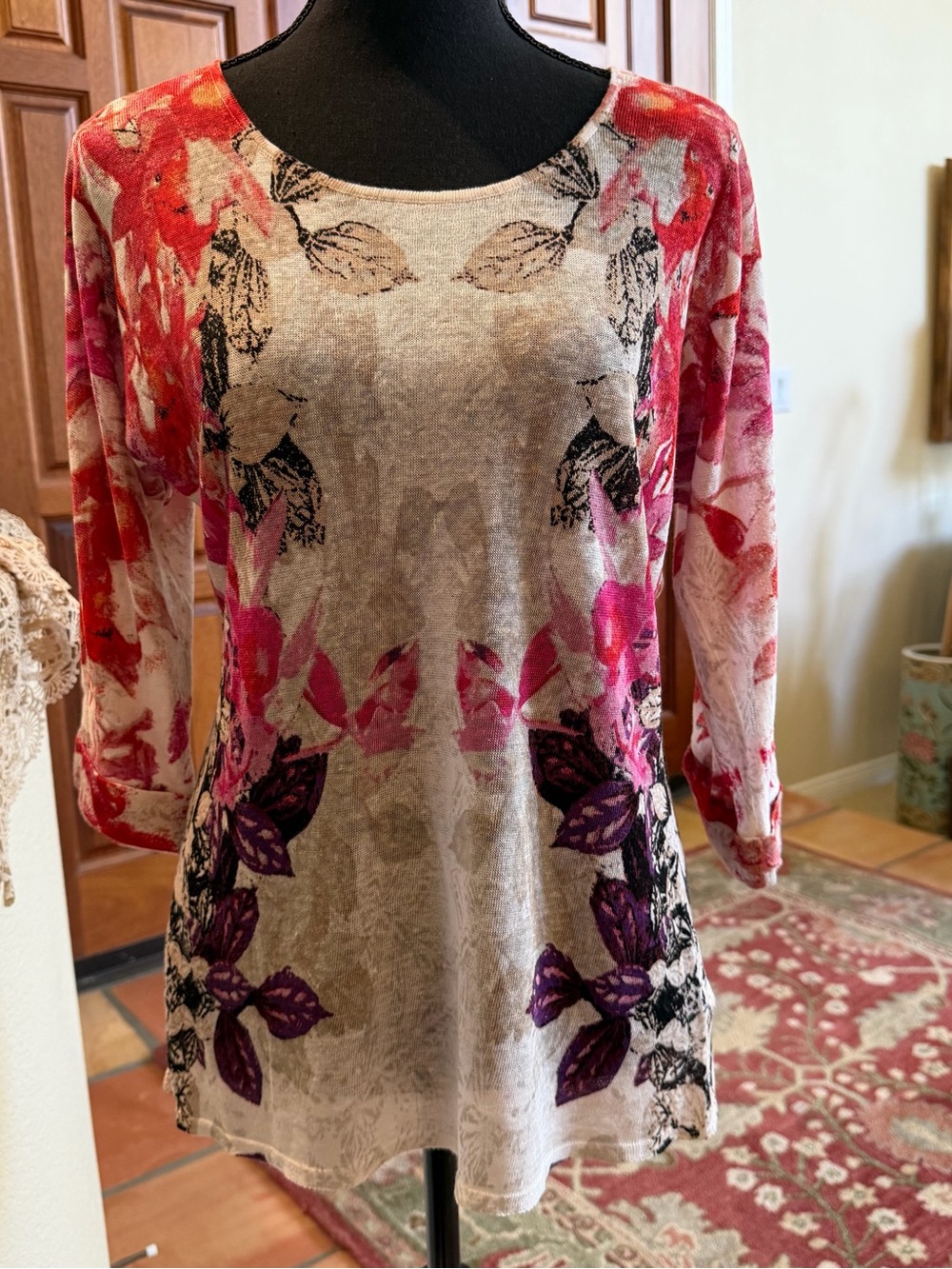 NIC+ZOE Pink, Purple and Cream Floral Scoop-Neck Tunic